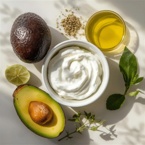 Avocado, olive oil, and Greek yogurt keto hybrid ingredients for hormone balance.