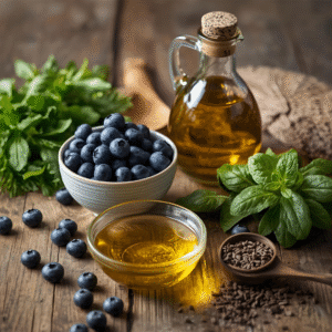 Blueberries, olive oil, and leafy greens keto foods supporting mental clarity diet.