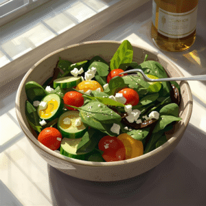 Colorful bowl of spinach, cucumbers, tomatoes, and olive oil — anti-inflammatory keto mediterranean lifestyle.