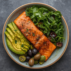 Colorful plate with salmon, avocado, olives, and leafy greens — keto mediterranean hybrid meal.