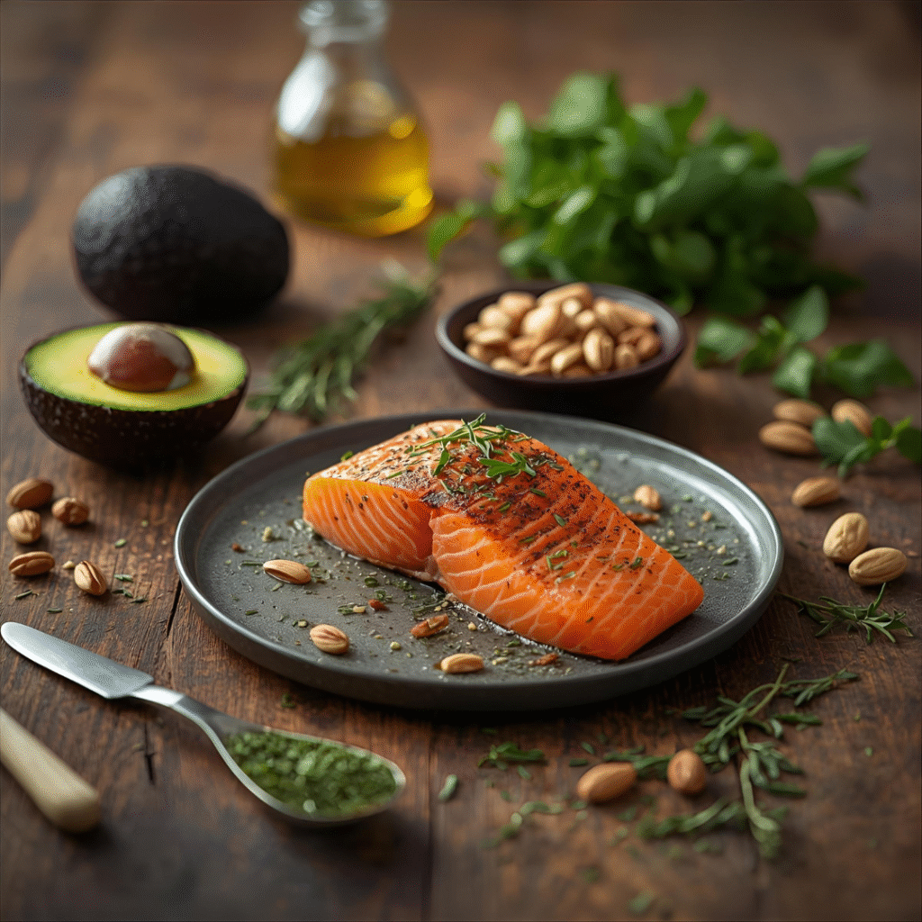 flat lay of hybrid keto mediterranean foods salmon avocado olive oil nuts and herbs on a wooden table