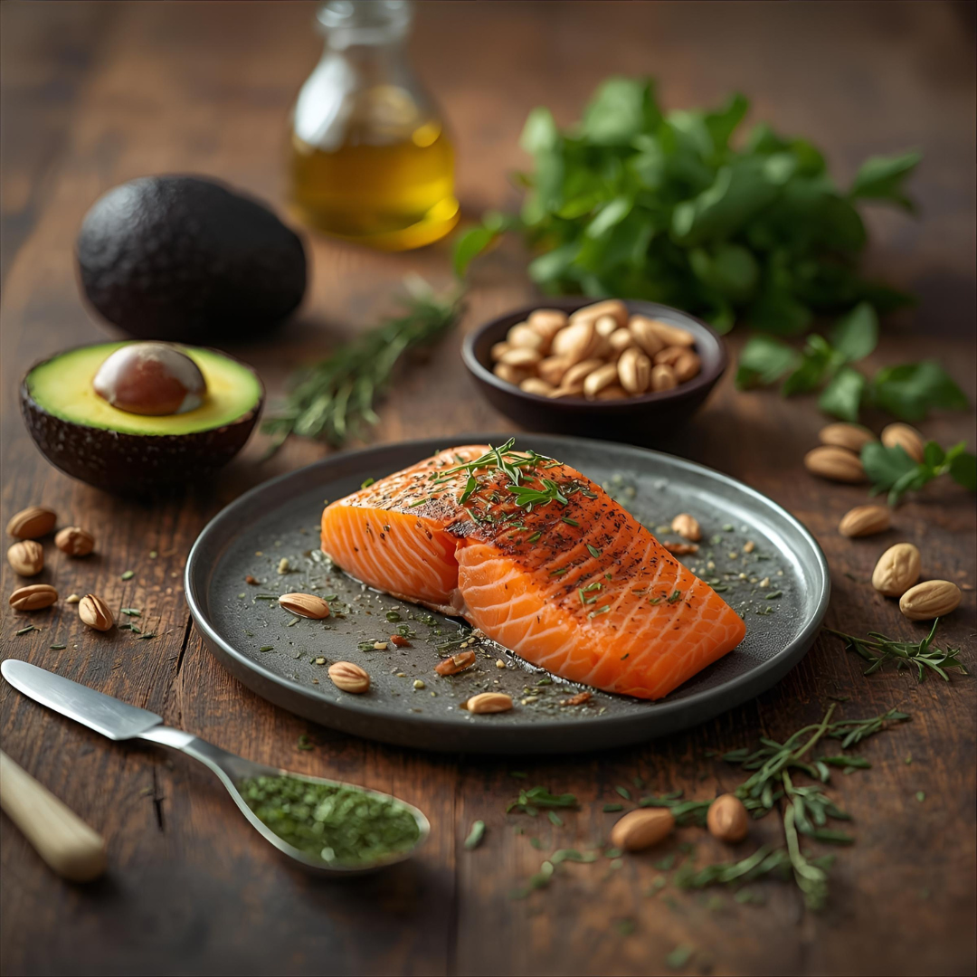 flat lay of hybrid keto mediterranean foods salmon avocado olive oil nuts and herbs on a wooden table