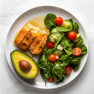 Grilled salmon with spinach, avocado, and olive oil salad — keto mediterranean hybrid dinner idea.