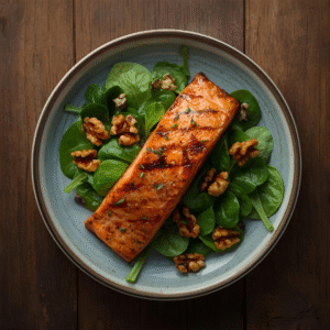 Grilled salmon with walnuts and spinach salad — brain health keto mediterranean hybrid meal.

Blueberries, olive oil, and leafy greens keto foods supporting mental clarity diet.
