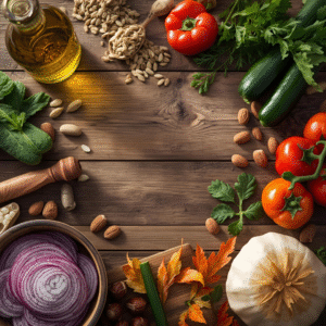 Healthy flat lay with olive oil, nuts, seeds, and vegetables — mediterranean low carb diet foods.
