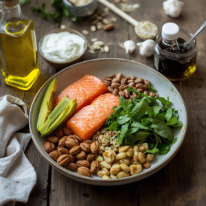 Healthy keto mediterranean hybrid diet ingredients: olive oil, salmon, avocado, nuts, seeds, yogurt, and leafy greens.
