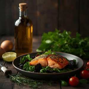 Olive oil bottle with fresh salmon fillet and leafy greens — heart-healthy keto mediterranean hybrid foods.