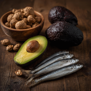 Walnuts, avocado, and sardines on a wooden table — olive oil keto heart protection.