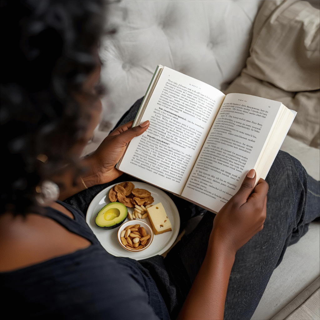 woman reading with a simple keto snack plate nuts cheese avocado—food as a ritual for calm and clarity