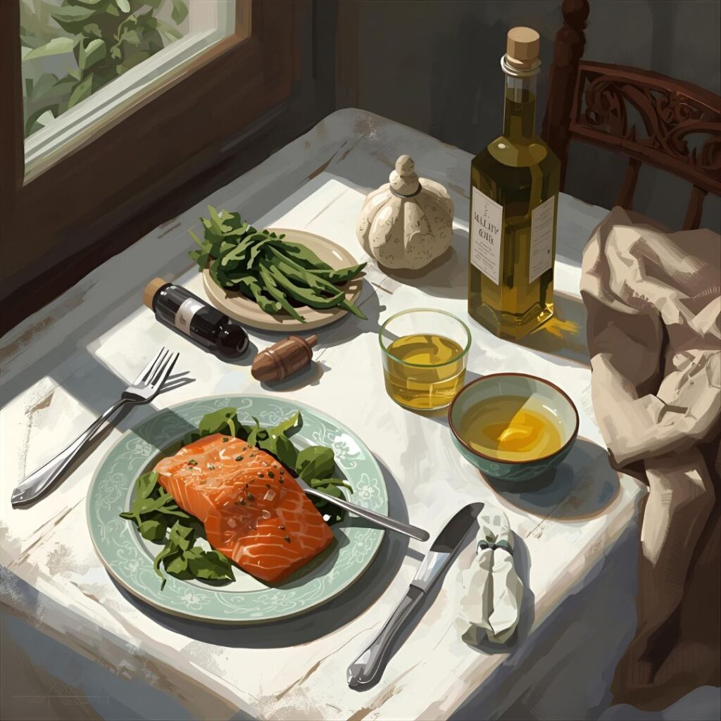 A calm Mediterranean inspired table with salmon, greens, olive oil, and herbal tea symbolizing mindful personalized eating