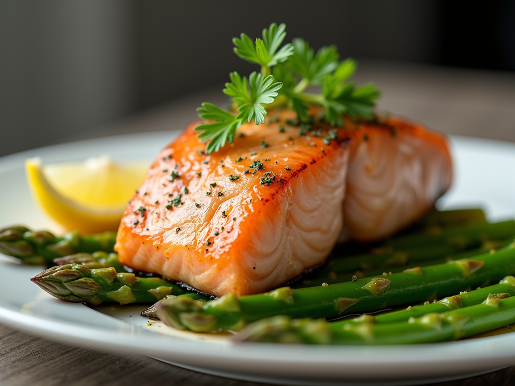 a close up photo of a plate with salmon, lemon and aspargus