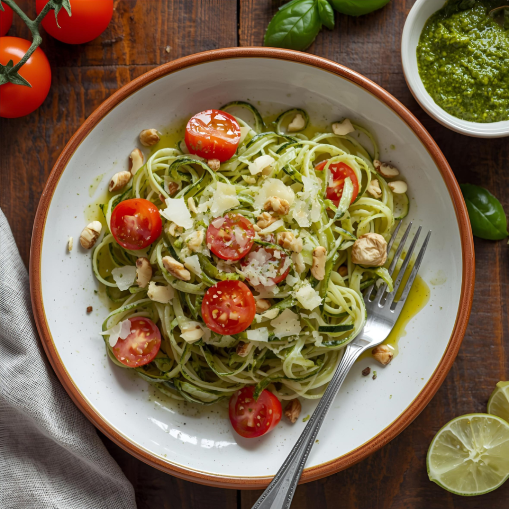A plate of zucchini noodles (zoodles) tossed with creamy green basil pesto, sprinkled with pine nuts, and grated Parmesan, garnished with cherry tomato halves.