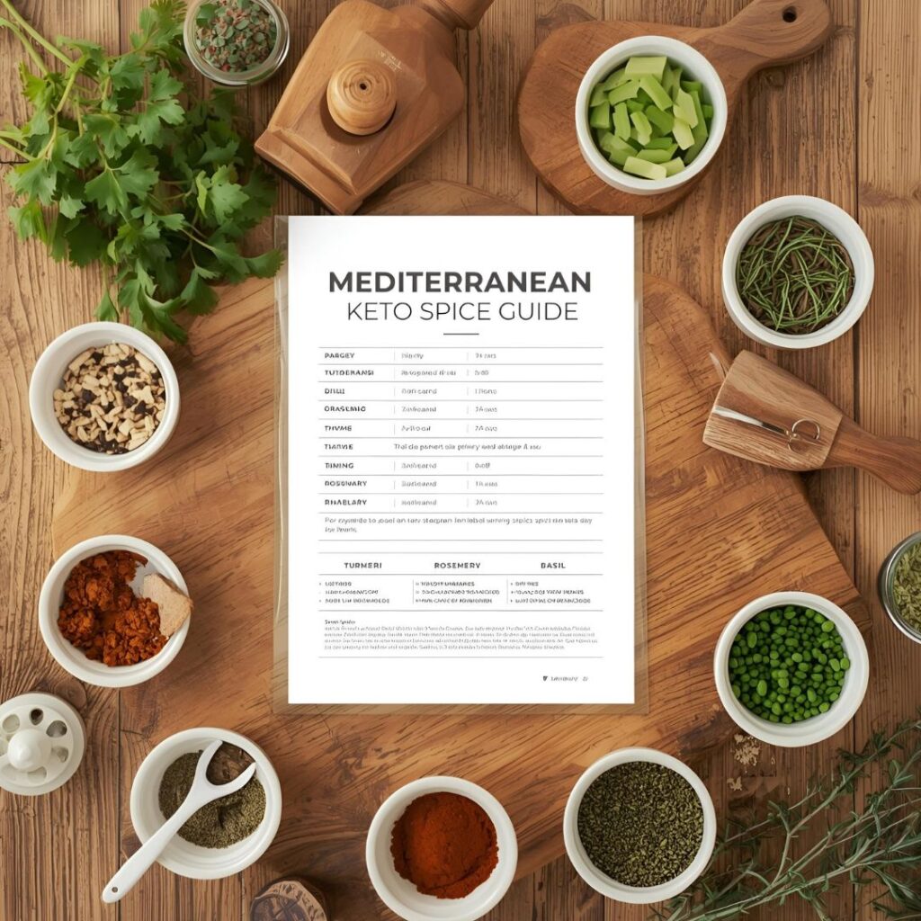 A rustic wooden table. with a clean printable spice table sheet surrounded with small bowls filled with colorful herbs and spices