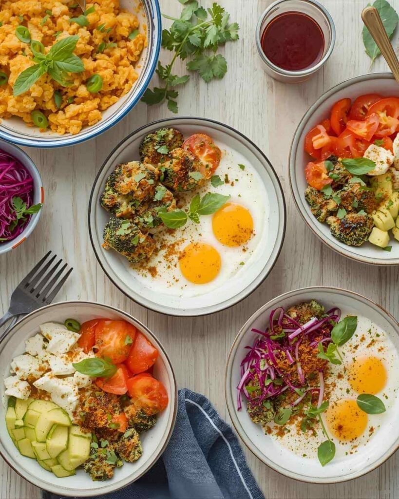 Colourful keto Mediterranean breakfast spread with Greek yogurt bowls, scrambled eggs with feta, and fresh vegetables on a light wooden table