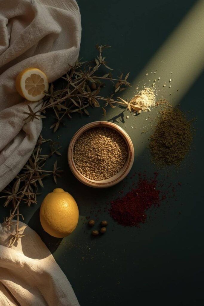 Flat-lay of Mediterranean spices used in air fryer cooking — za'atar, sumac, dried oregano, and lemon on a dark green background