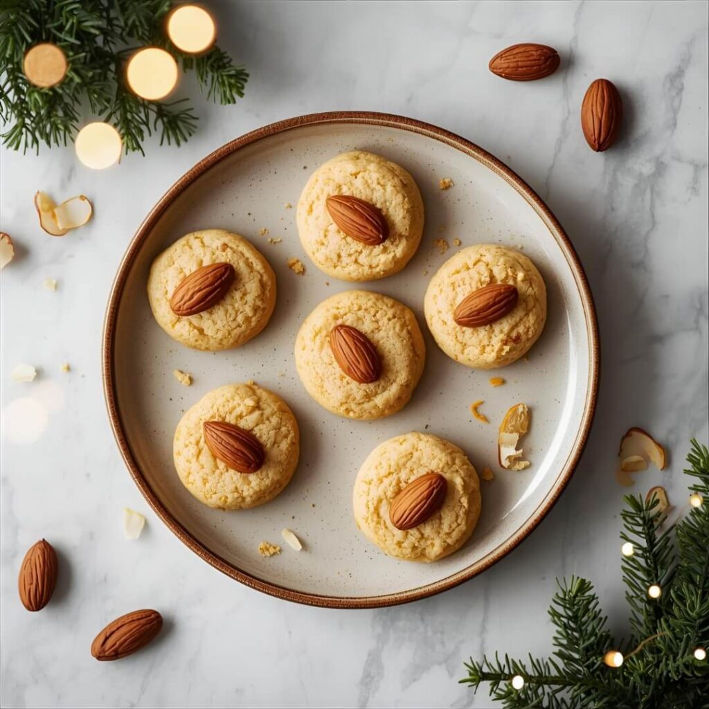 Flat lay of golden keto almond flour orange cookies on white marble with orange zest and almonds, styled for Mediterranean Christmas.