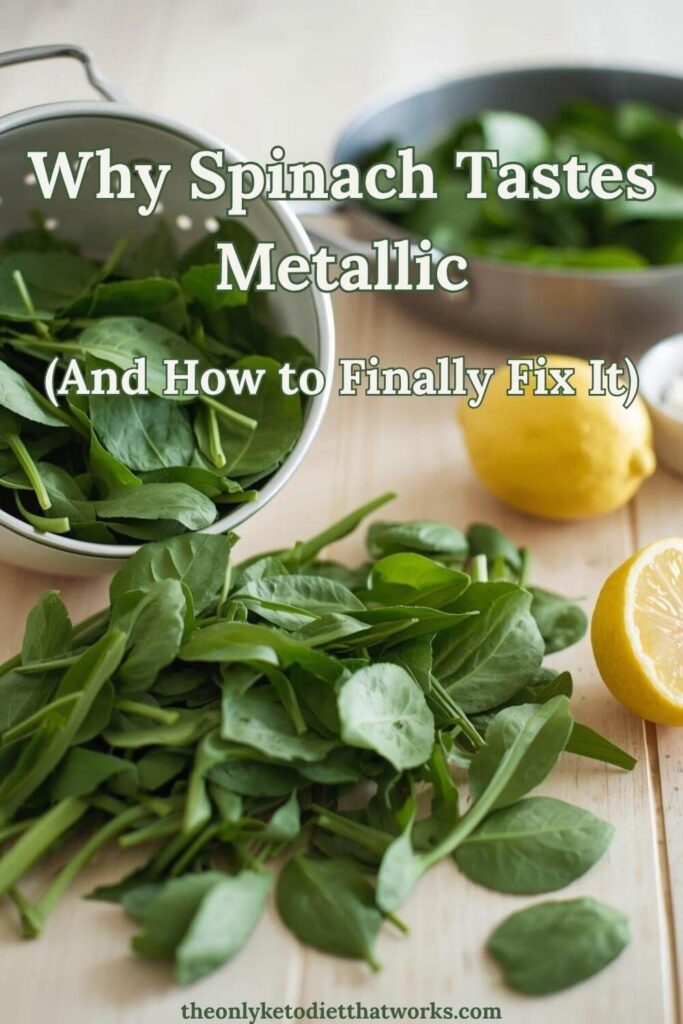 Fresh spinach leaves in a colander with lemon and feta on a wooden surface — article explaining why spinach tastes metallic and causes sticky teeth sensation, with Greek spanakopita filling recipe and keto Mediterranean cooking tips.