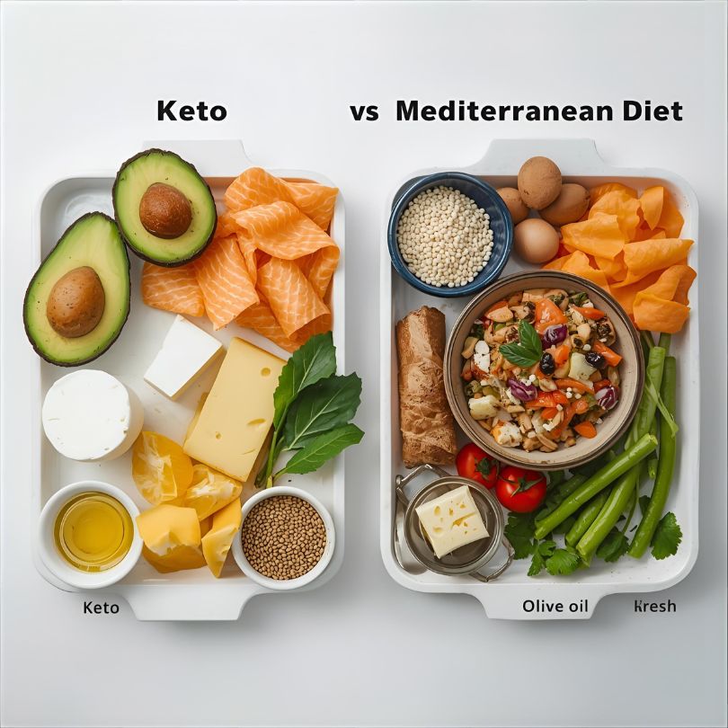 Keto vs Mediterranean diet comparison showing low-carb foods and Mediterranean staples side by side