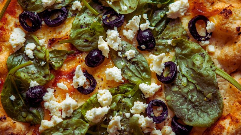 Low-carb cauliflower pizza crust topped with olives, spinach and feta keto Mediterranean style