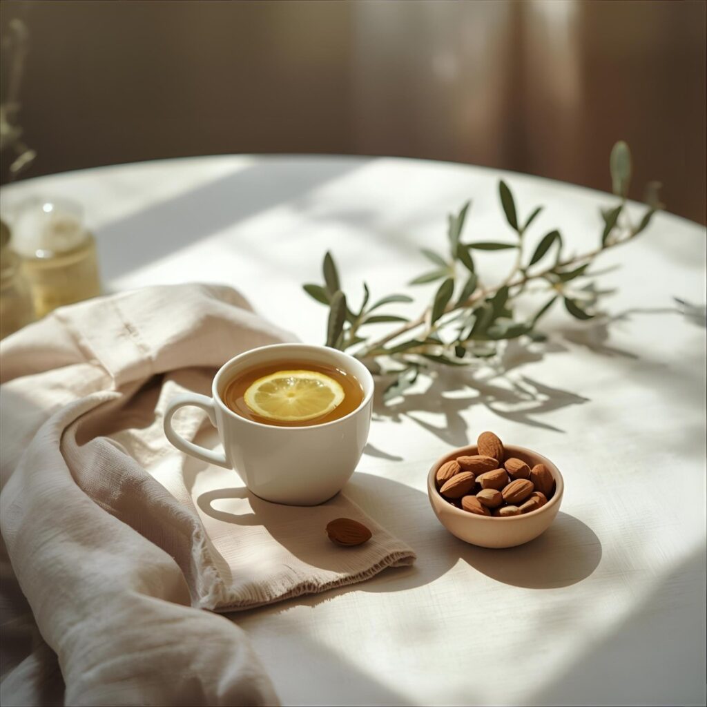 Mediterranean kitchen table with tea, almonds, and olive branches under soft morning light symbolizing healing and self-care.