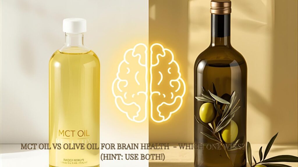 Side by side visual of MCT oil and olive oil with a glowing brain iconillustrating their combined benefits for brain health
