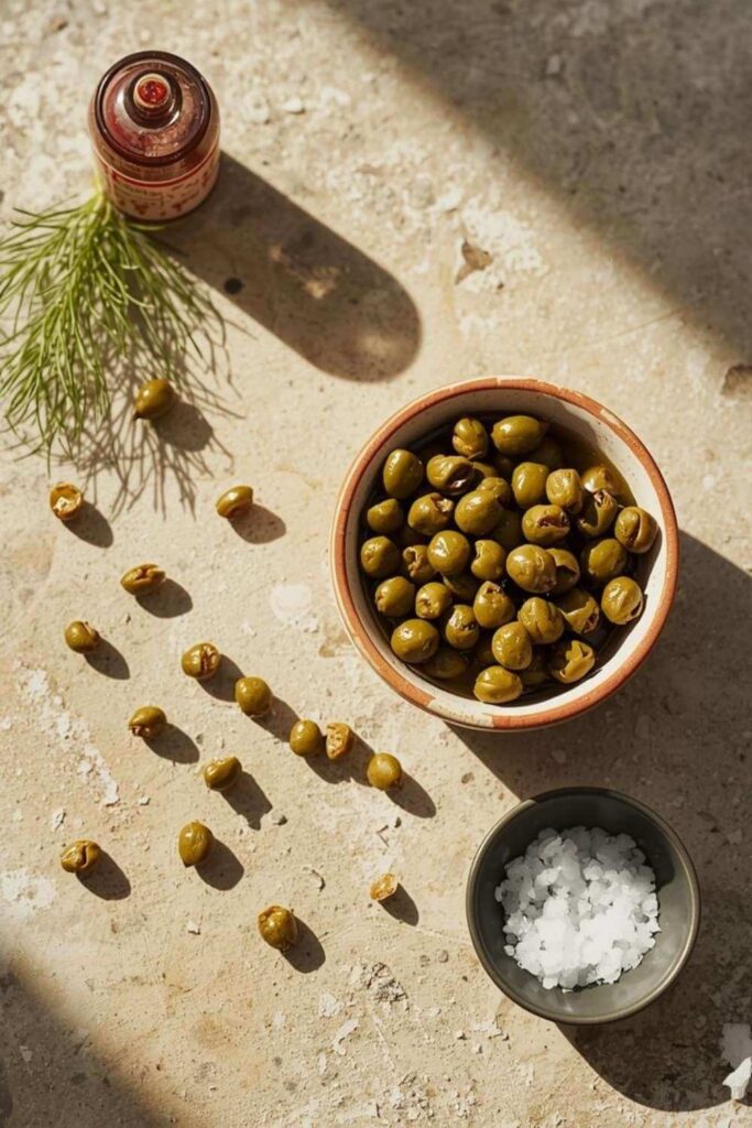Small ceramic bowl of capers in brine on a stone surface with fresh dill, for a post about capers as an anti-inflammatory keto Mediterranean food