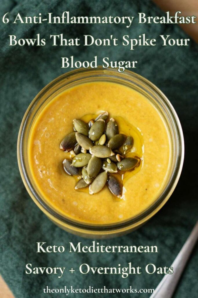 styled overhead photo of a ceramic bowl with soft-scrambled eggs, wilted spinach, sliced avocado, drizzle of olive oil and za'atar sprinkle — warm natural light, linen napkin underneath.