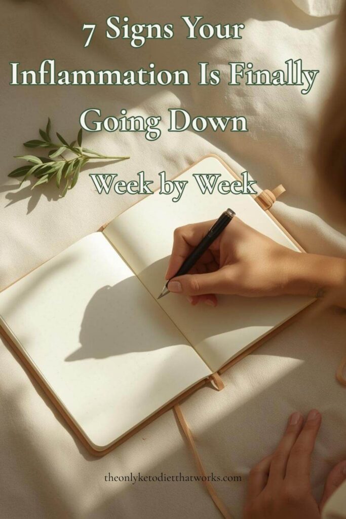 Woman writing in a journal tracking weekly inflammation progress signals on keto Mediterranean diet — sleep, energy, morning stiffness, brain fog, and mood improvements listed as signs inflammation is reducing.