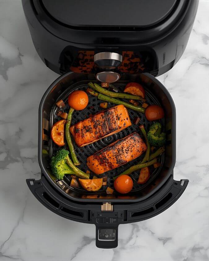 Air fryer on the kitchen counter with open compartment with salmon and veggies inside.