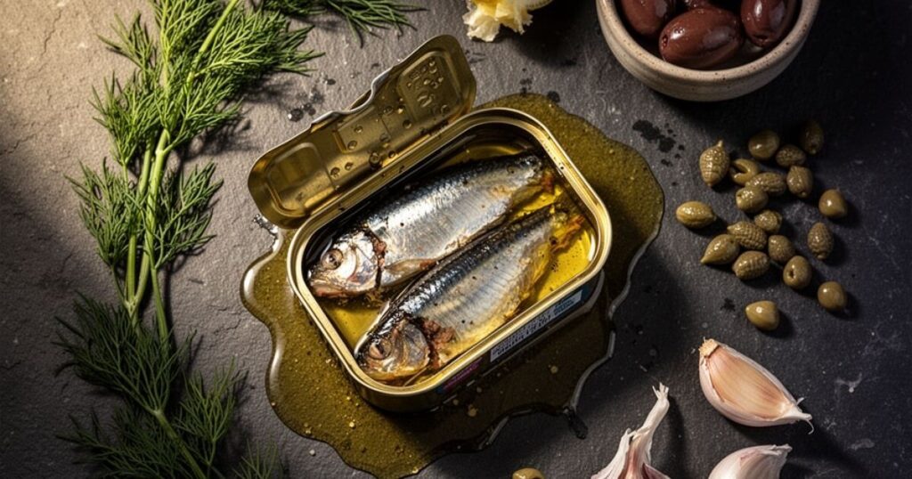 open tin of sardines in olive oil
