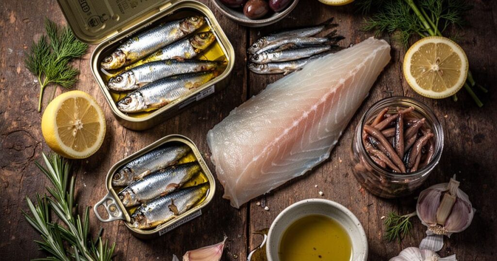 six fishes arranged on a wooden board