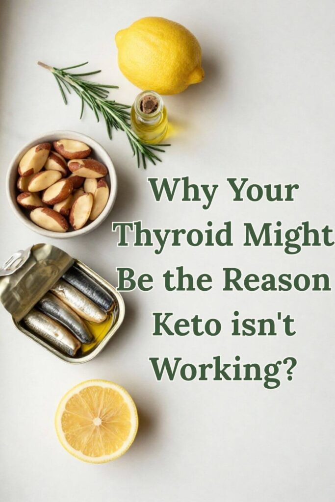 Thyroid-supporting keto Mediterranean foods including sardines, Brazil nuts, olive oil and lemon on white marble
