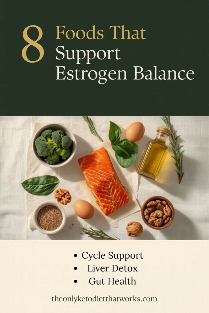 Featured image for 8 foods that support estrogen balance on keto Mediterranean — including cruciferous vegetables, wild salmon, extra virgin olive oil, leafy greens, pasture-raised eggs, ground flaxseed, walnuts, and fermented foods.
