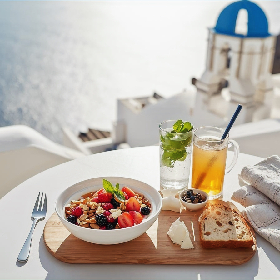 Keto Mediterranean meal — bowl of anti-inflammatory ingredients by the sea