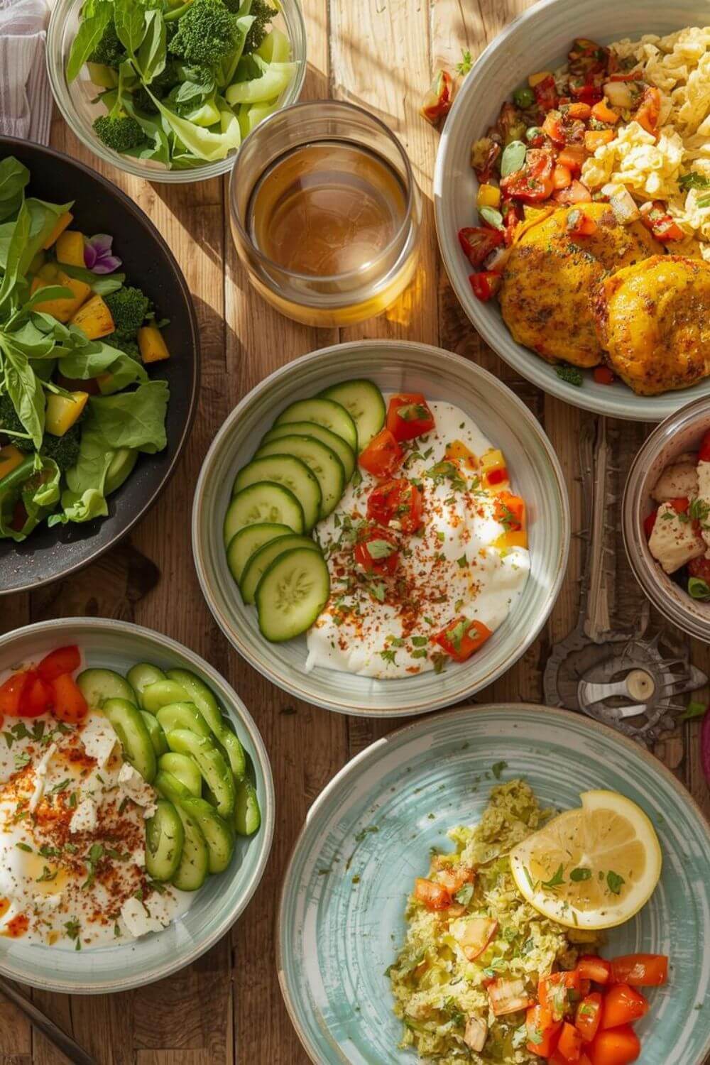 Colorful keto Mediterranean breakfast ideas spread with Greek yogurt bowls, scrambled eggs with feta, and fresh vegetables on a wooden table