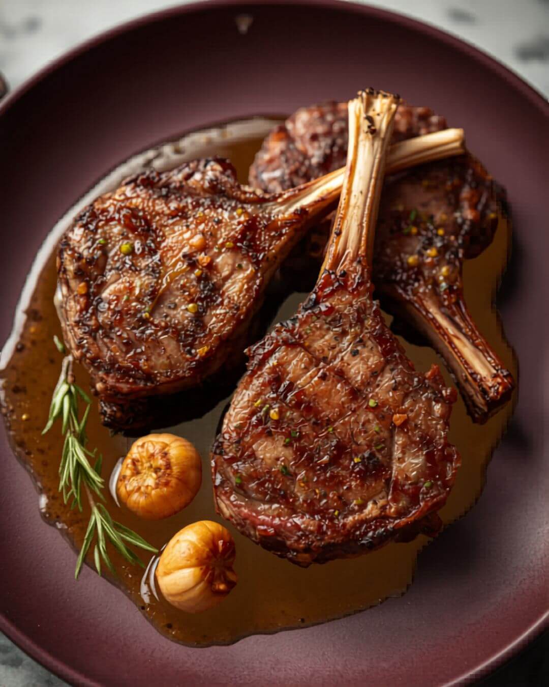 Recipe 13: Lamb Chops with Rosemary and Garlic — keto Mediterranean air fryer dinner with medium-rare frenched lamb chops and roasted garlic