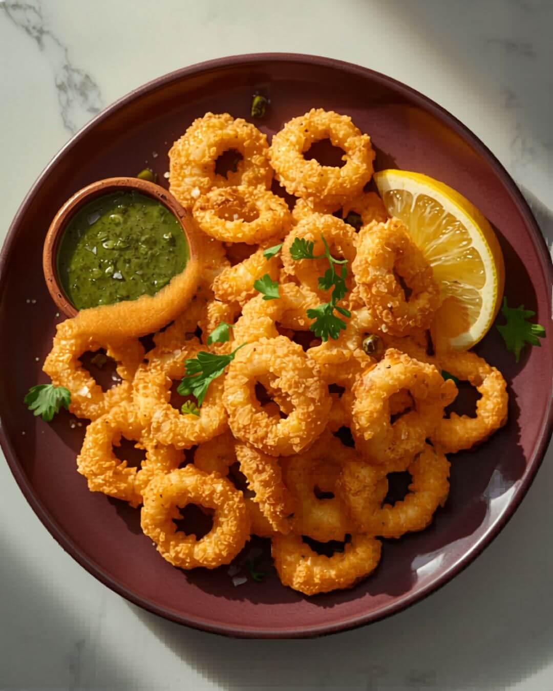 Recipe 5: Crispy Air Fryer Calamari with Herb Dipping Sauce — keto Mediterranean air fryer dinner with golden squid rings and bright green herb sauce