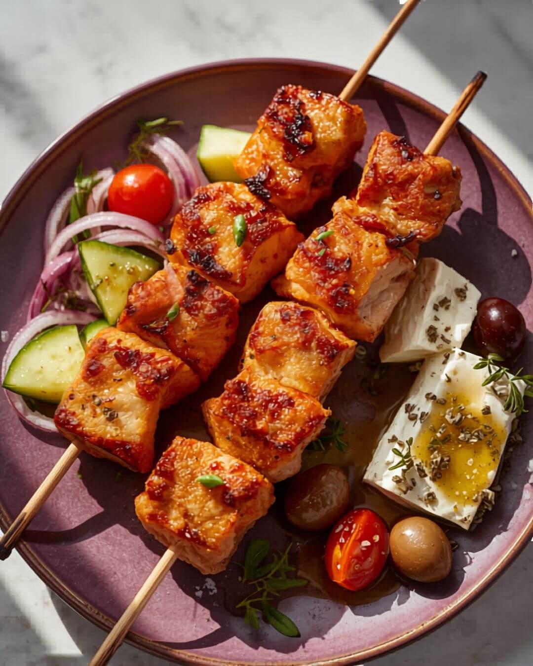 Recipe 9: Chicken Souvlaki Skewers with Greek Salad — keto Mediterranean air fryer dinner with caramelized chicken cubes and authentic horiatiki