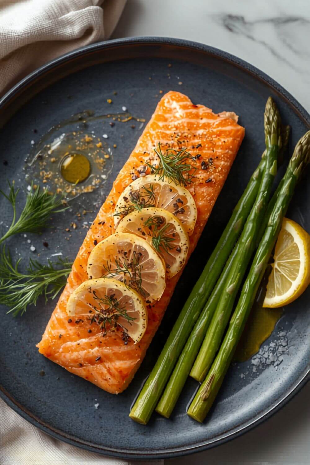 Recipe 1: Lemon Herb Salmon with Asparagus — keto Mediterranean air fryer dinner with crispy salmon and charred asparagus on a navy plate