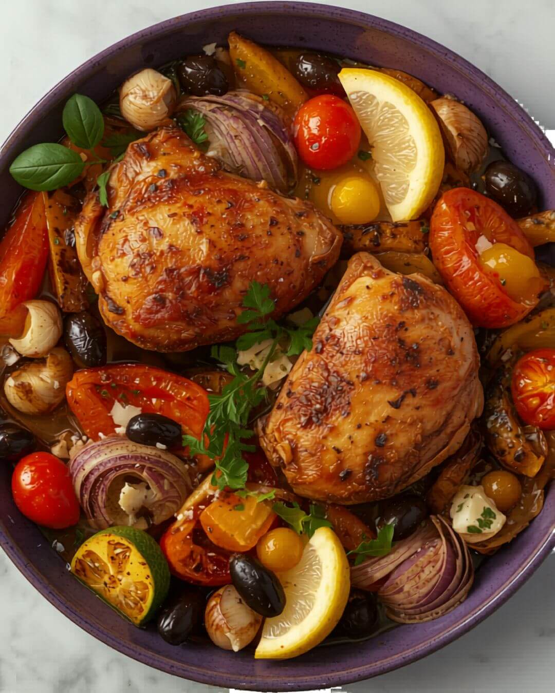 Recipe 14: Mediterranean Chicken and Vegetable One-Pan — keto Mediterranean air fryer dinner with chicken thighs, peppers, tomatoes and feta