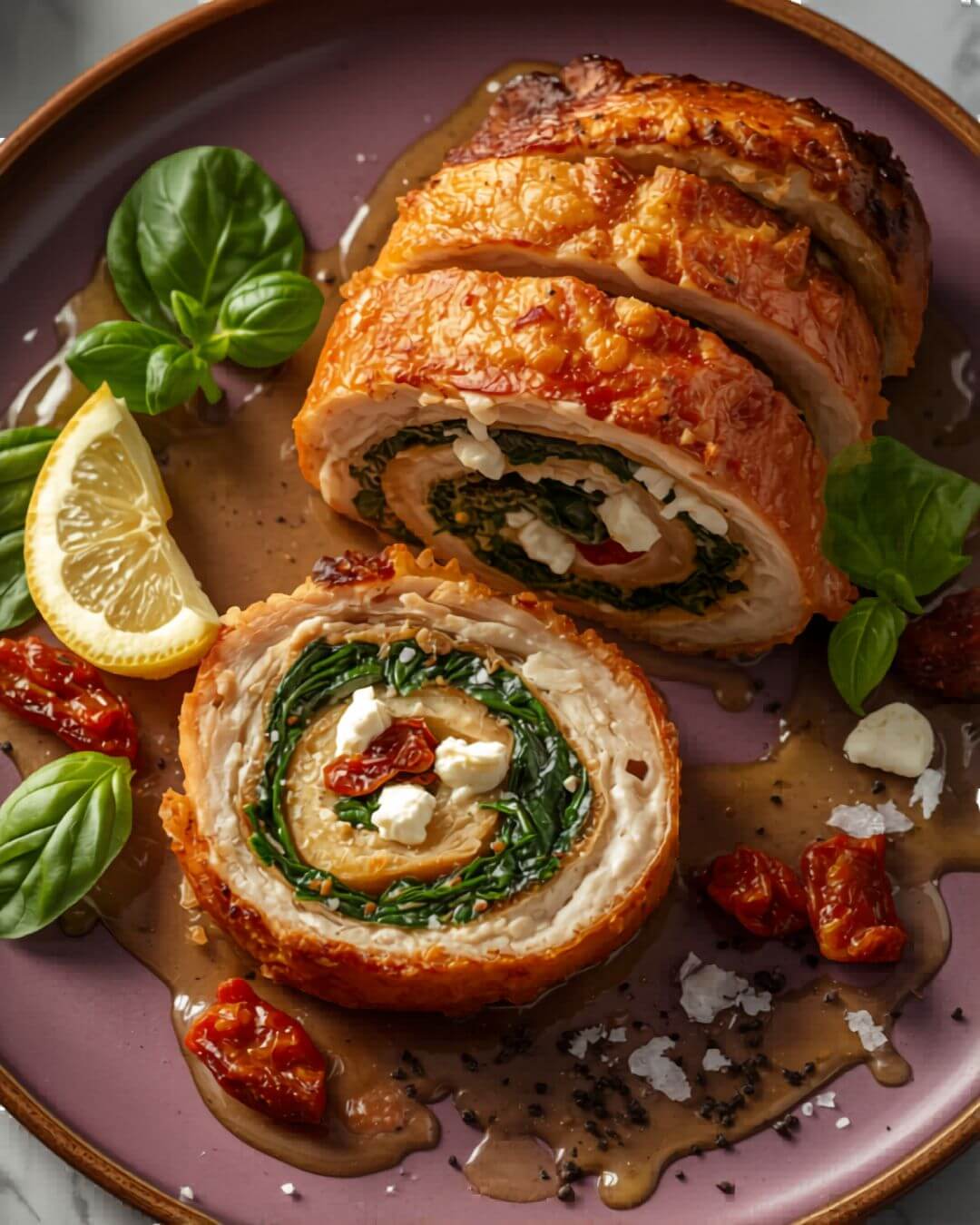 Recipe 10: Stuffed Chicken Breast with Feta and Spinach — keto Mediterranean air fryer dinner with sliced spiral filling of spinach, feta and sun-dried tomato