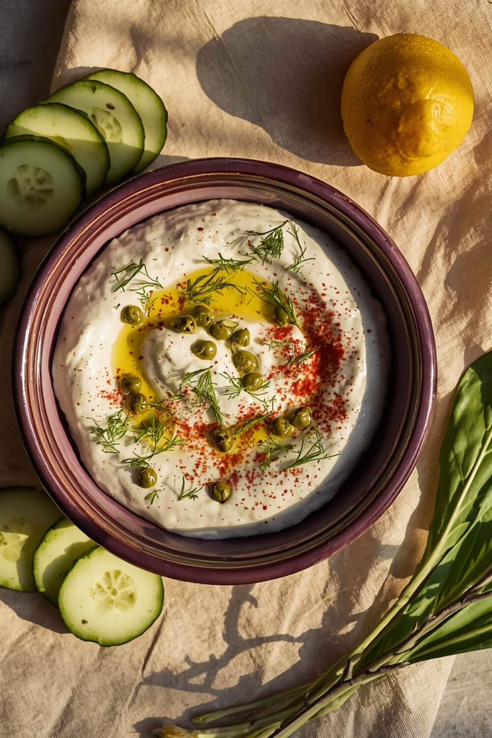 Sardine Greek yogurt dip in a plum ceramic bowl with capers, dill, sumac, and olive oil — Mediterranean mezze styling