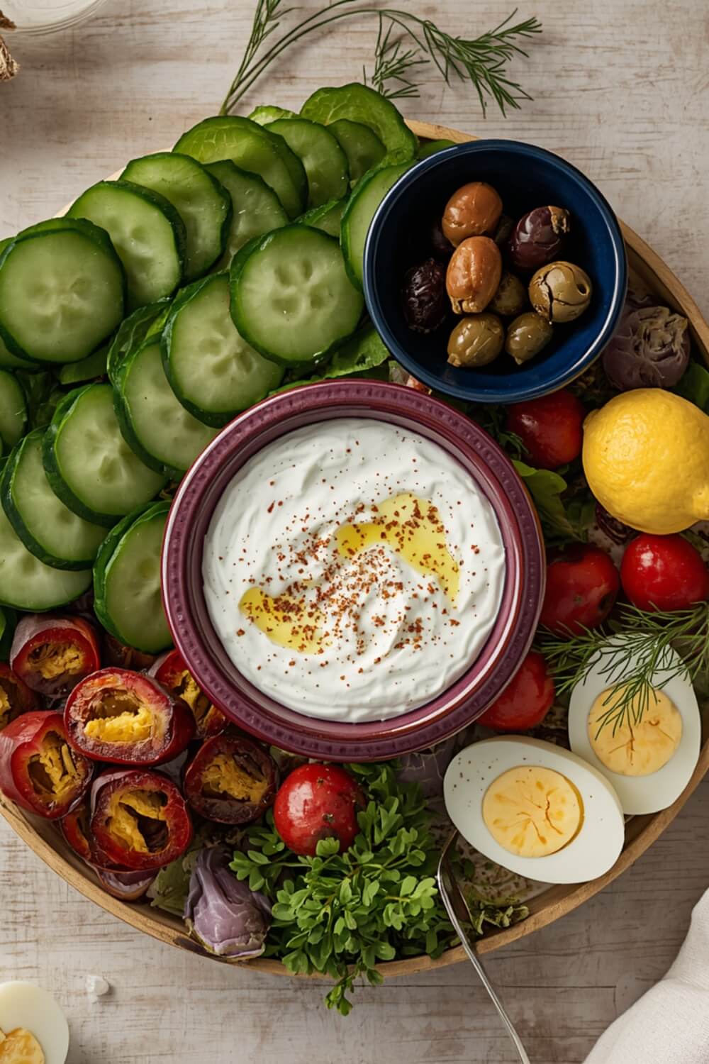 Finished Mediterranean sardine dip served as part of a mezze platter with cucumber, endive, lemon, and olives