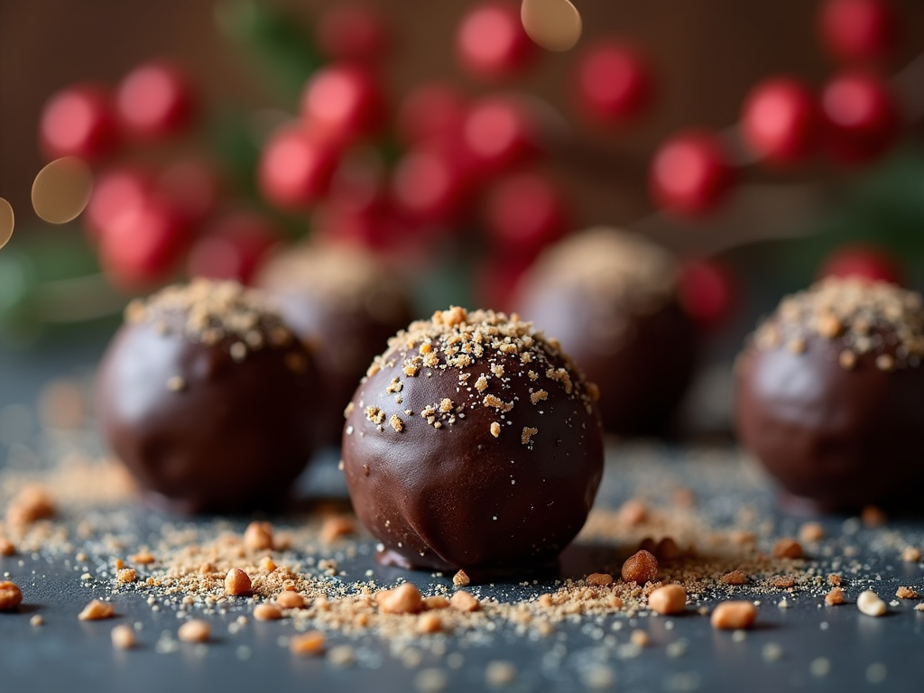 Keto chocolate truffles sprinkled with fleur de sel on a festive Christmas background