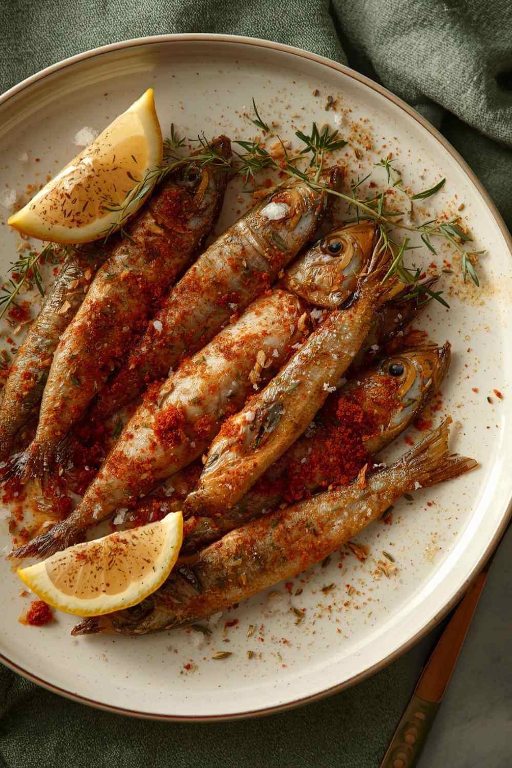 Crispy air fryer canned sardines with smoked paprika and lemon on a cream plate