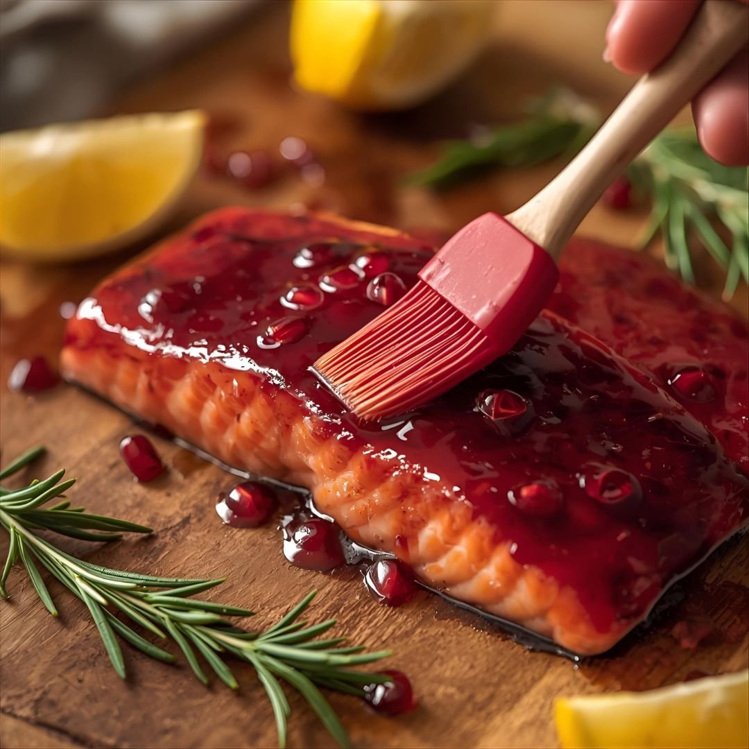 Hand brushing pomegranate glaze onto a salmon fillet with herbs and lemon alongside