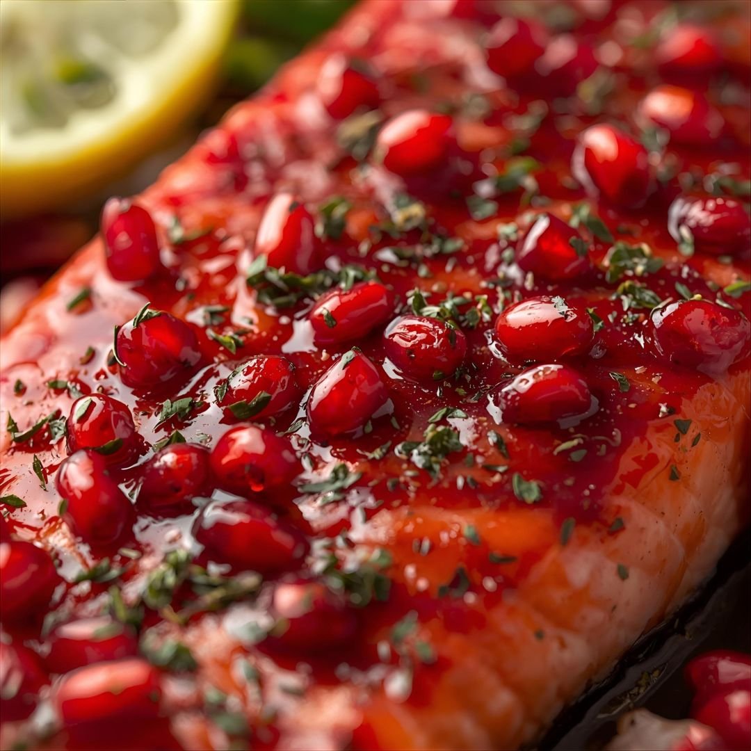 Close-up of pomegranate glazed salmon with a shiny ruby glaze and fresh herbs