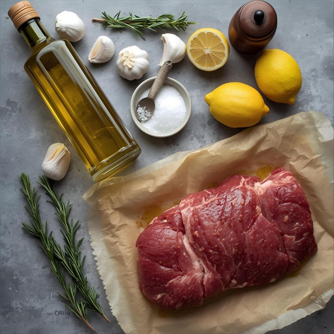 Flat lay of Mediterranean ingredients for herb-crusted prime rib — olive oil, garlic, rosemary, thyme, salt, pepper and lemon on parchment