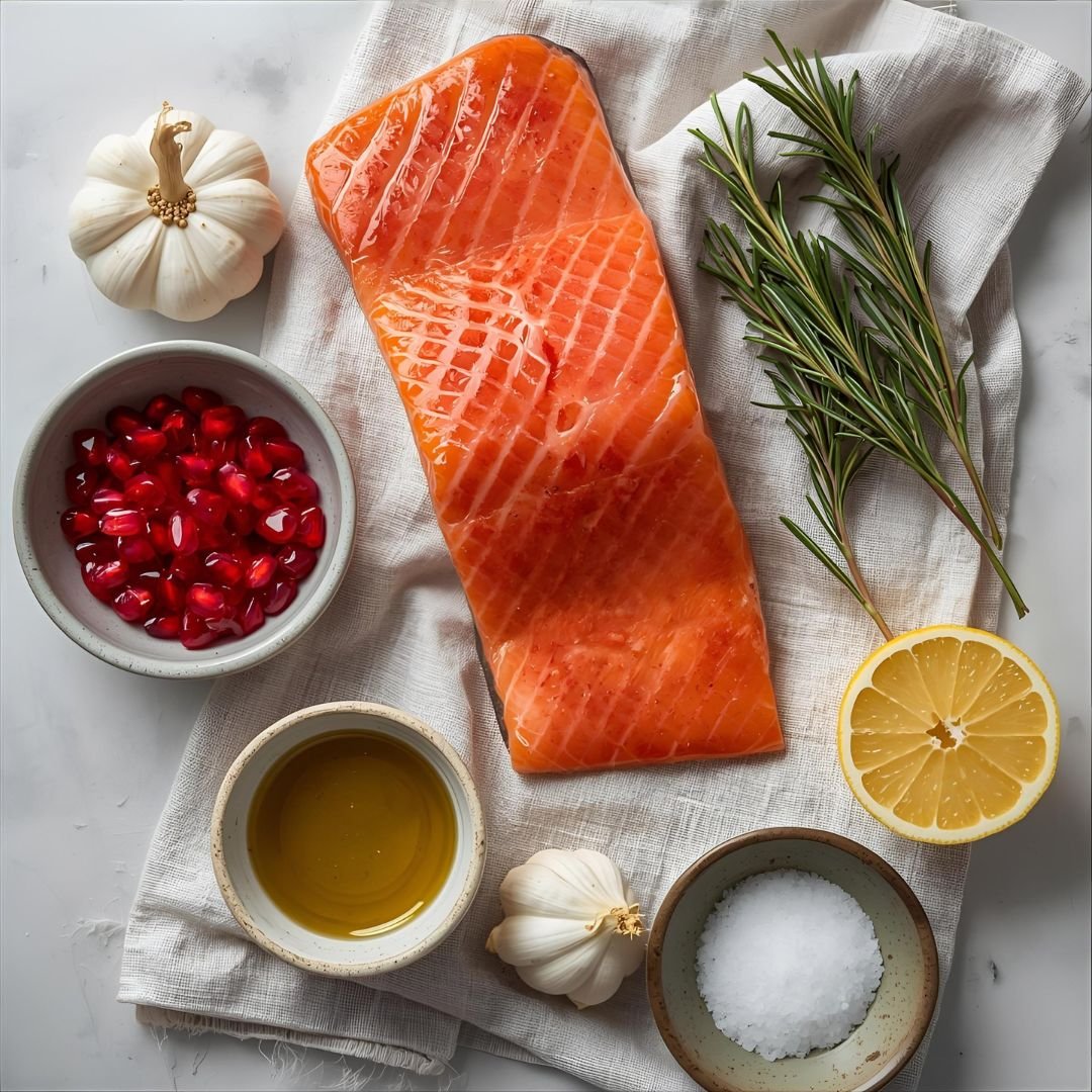 Flat lay of ingredients for keto baked salmon — salmon fillet, pomegranate seeds, olive oil, lemon, rosemary and garlic