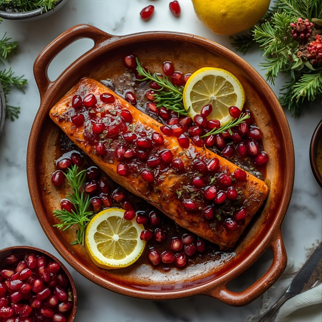 Baked salmon with pomegranate glaze and fresh herbs on a ceramic platter with lemon slices and pomegranate seeds